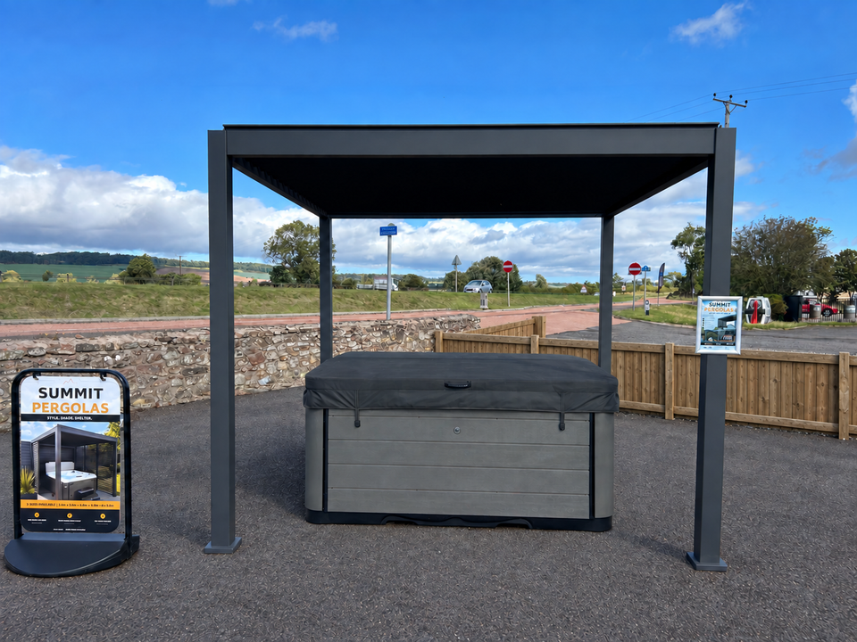 Summit pergola on display in the Grizzly Bear Hot Tubs showroom